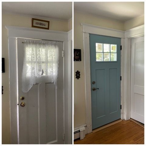Before-and-after view of a white door transformed by painting it a dusty blue and removing the lace curtain.