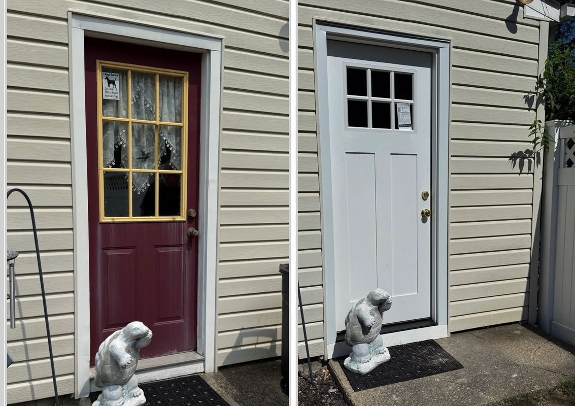 A side-by-side comparison of a home exterior before and after replacing a dark red door with a white six-pane door.