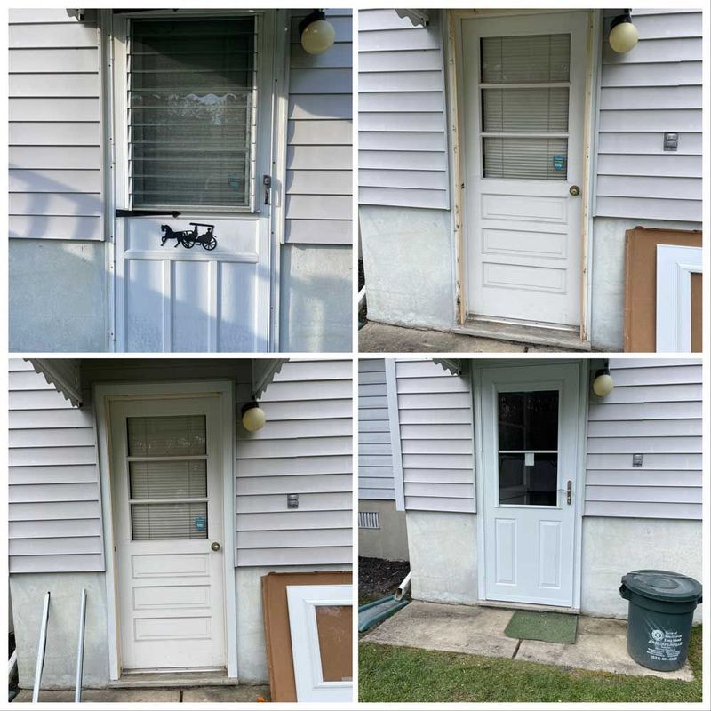 A four-panel photo showing the process of replacing an old door with a new white storm door on a house exterior.