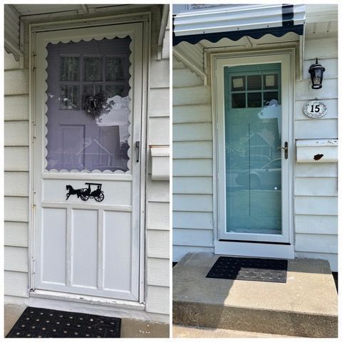 Before-and-after comparison of a house entrance: an older white storm door with decals replaced by a modern glass door.
