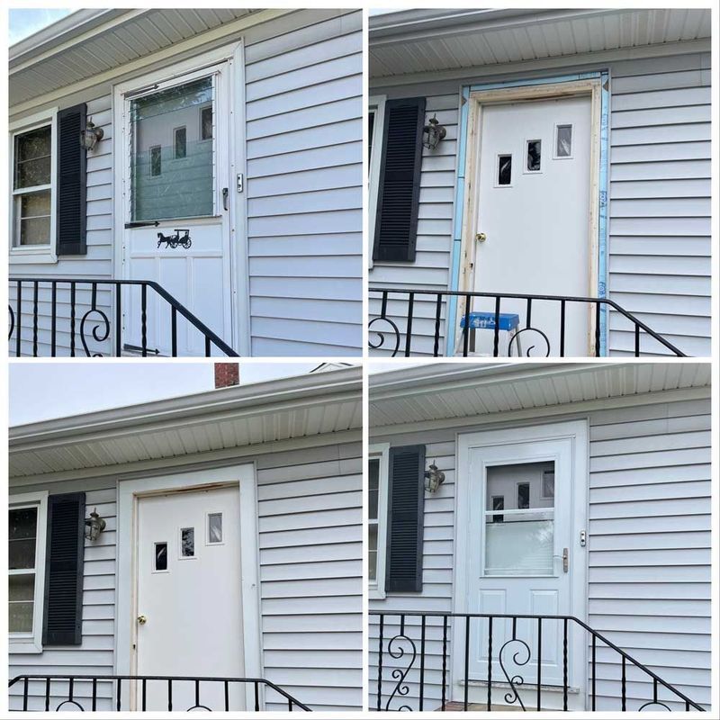 A four-panel photo showing the process of replacing an old storm door with a new one on a house with light gray siding.