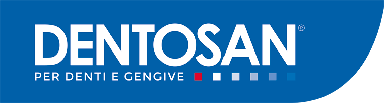 Logo Dentosan con testo bianco su sfondo blu e piccoli quadrati colorati