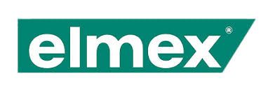 Logo Elmex in lettere minuscole bianche su sfondo rettangolare verde.