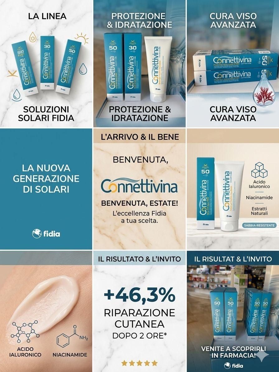 Colage pubblicitario azzurro e beige di dentifrici, con testi su protezione, idratazione e freschezza.