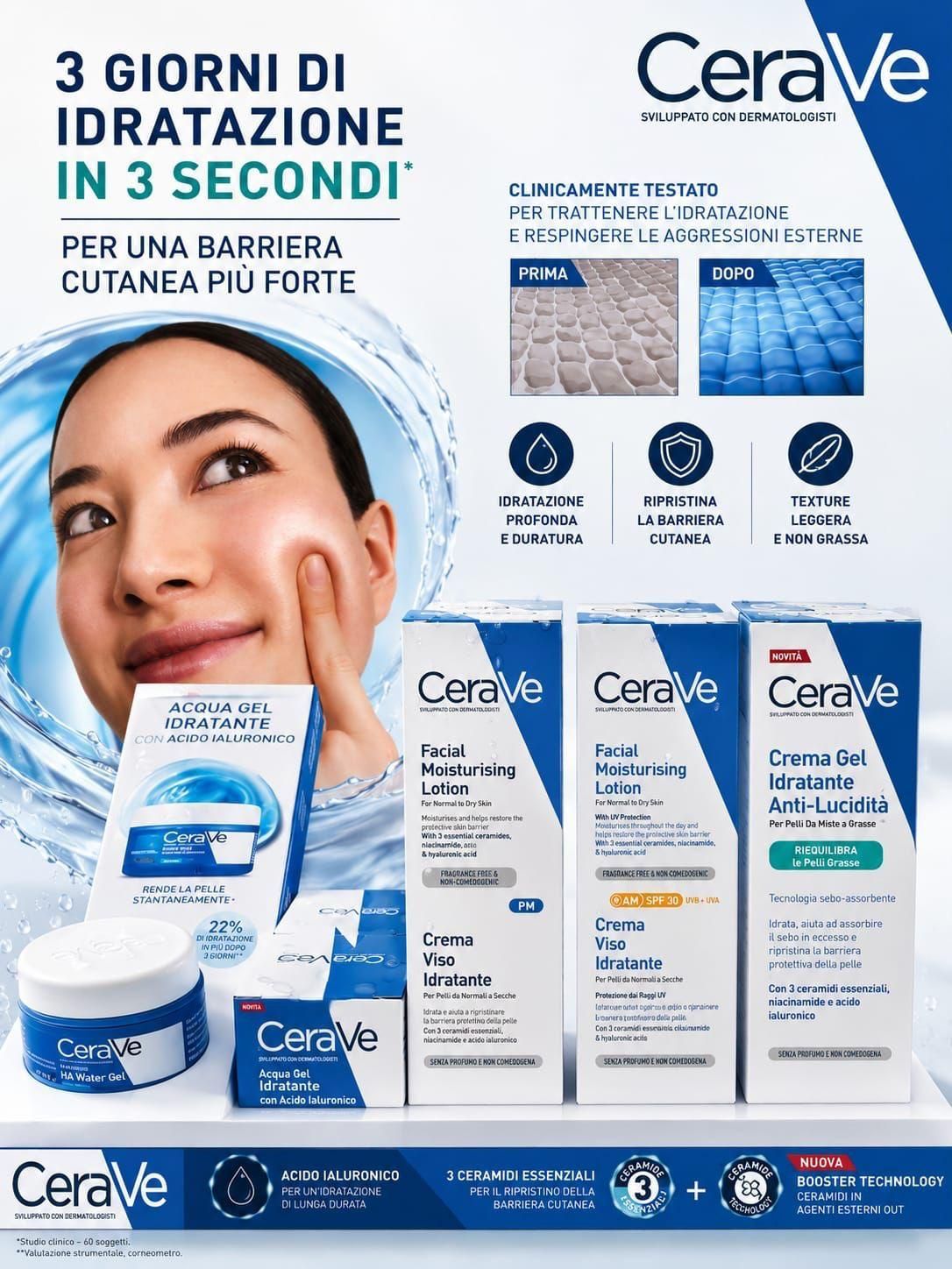 CeraVe skincare ad with woman, “3 giorni di idratazione in 3 secondi” headline, and three product bottles.