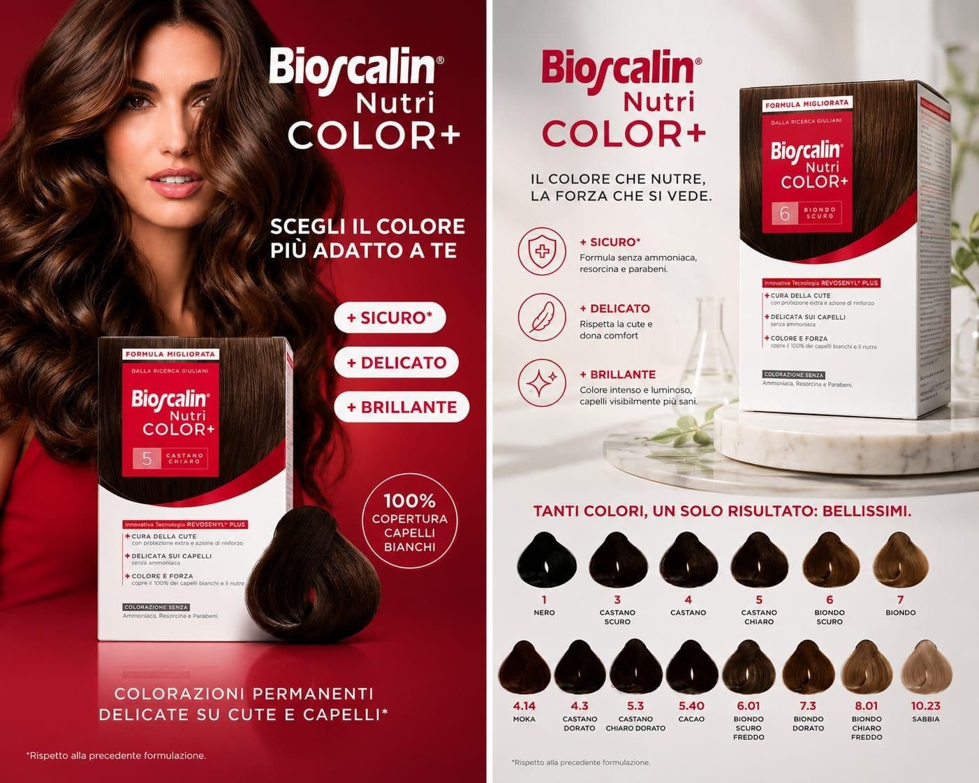 Pubblicità della tinta per capelli Biocalin Nutri Color+ con modella bruna, confezione del prodotto e campioni di colore.