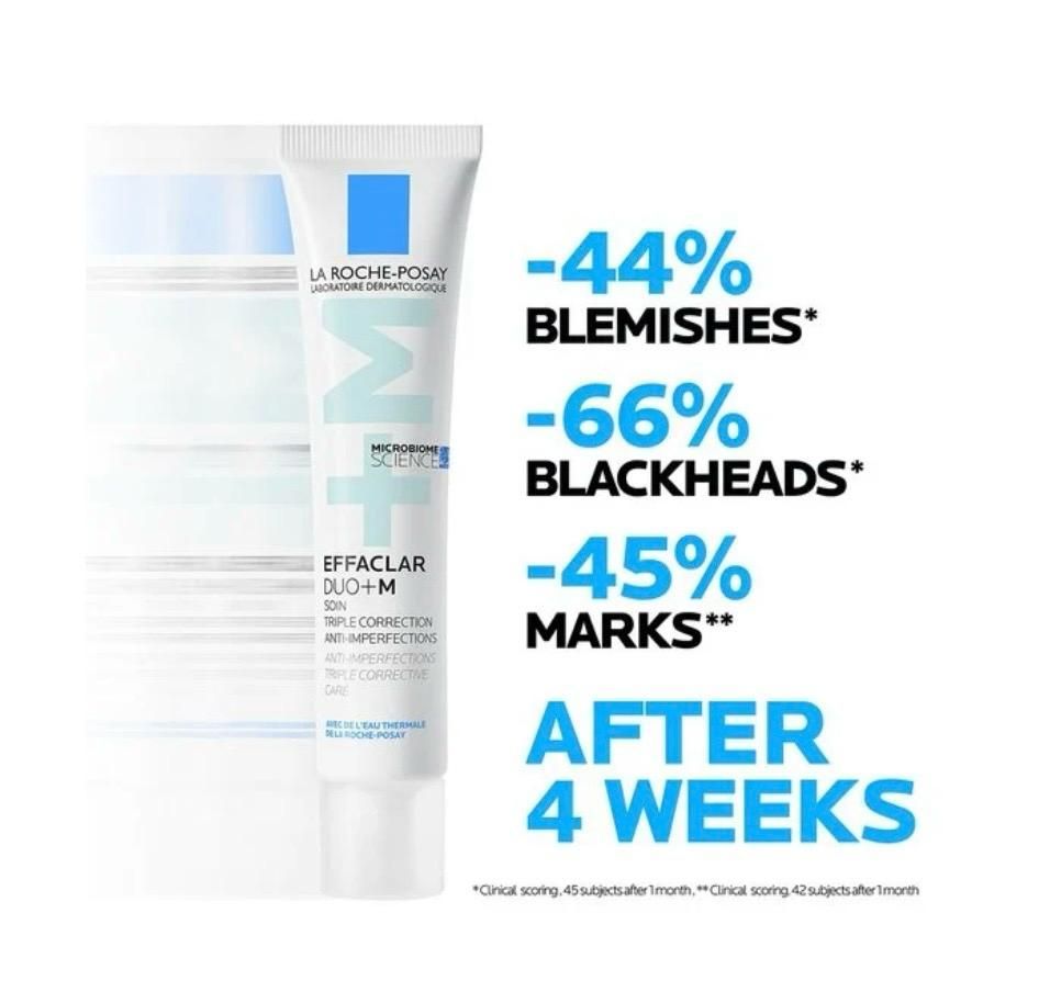 Tubetto di crema La Roche-Posay Effaclar Duo con testo blu che mostra la riduzione di imperfezioni, punti neri e macchie dopo 4 settimane.