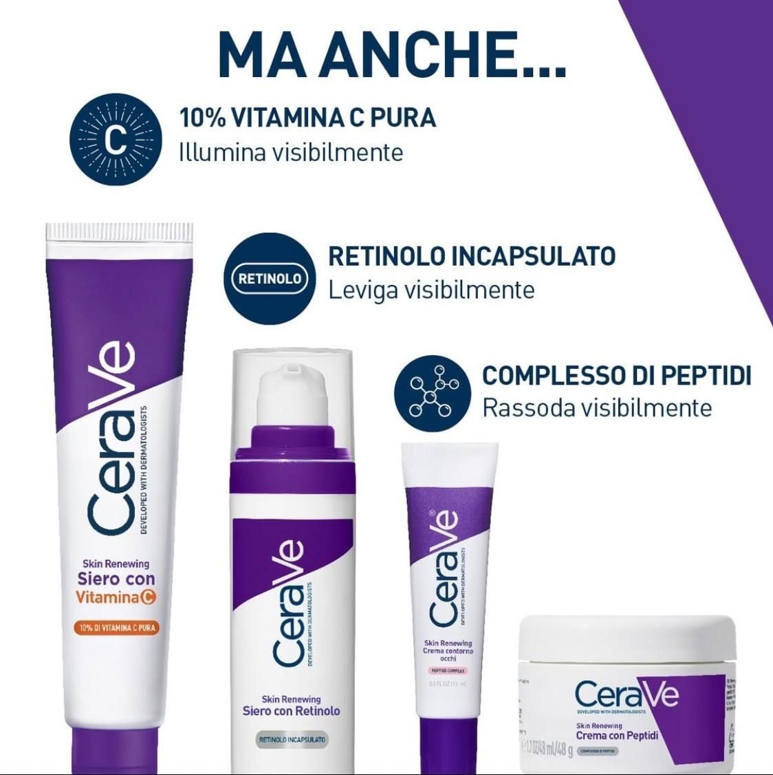 Prodotti per la cura della pelle CeraVe con confezione viola e bianca e testo in italiano che evidenzia la vitamina C, il retinolo e i peptidi
