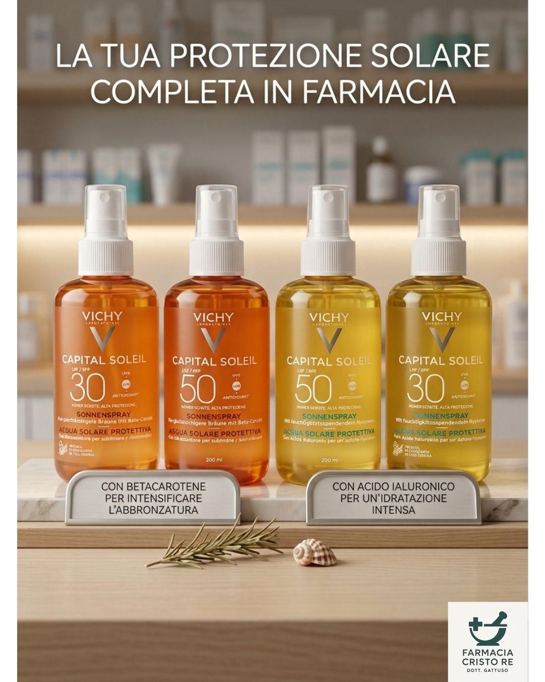 Quattro flaconi di protezione solare in farmacia, con cartello “La tua protezione solare completa in farmacia”.
