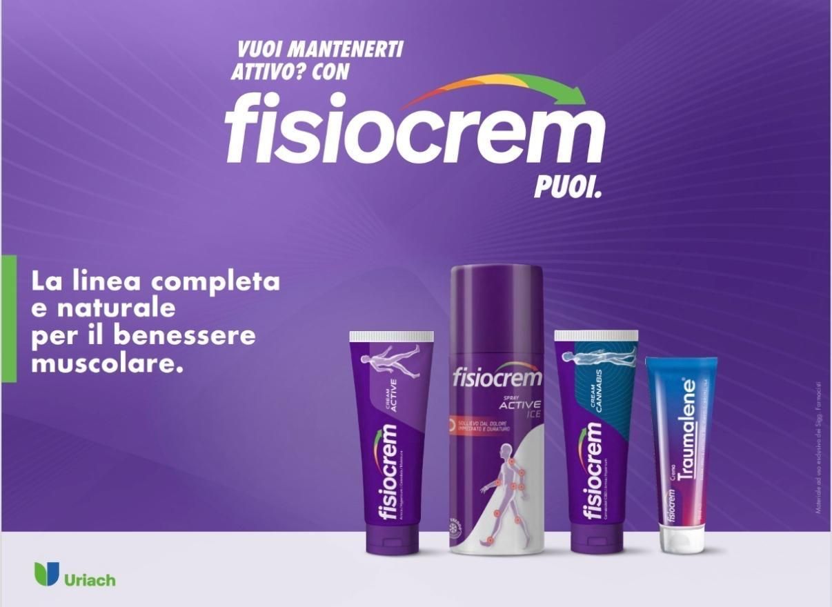 Banner pubblicitario viola di Fisiocrem con tre prodotti per il benessere muscolare.
