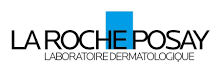 Logo di La Roche-Posay per la dermatologia, con testo nero e quadrato blu sopra le lettere P e O.