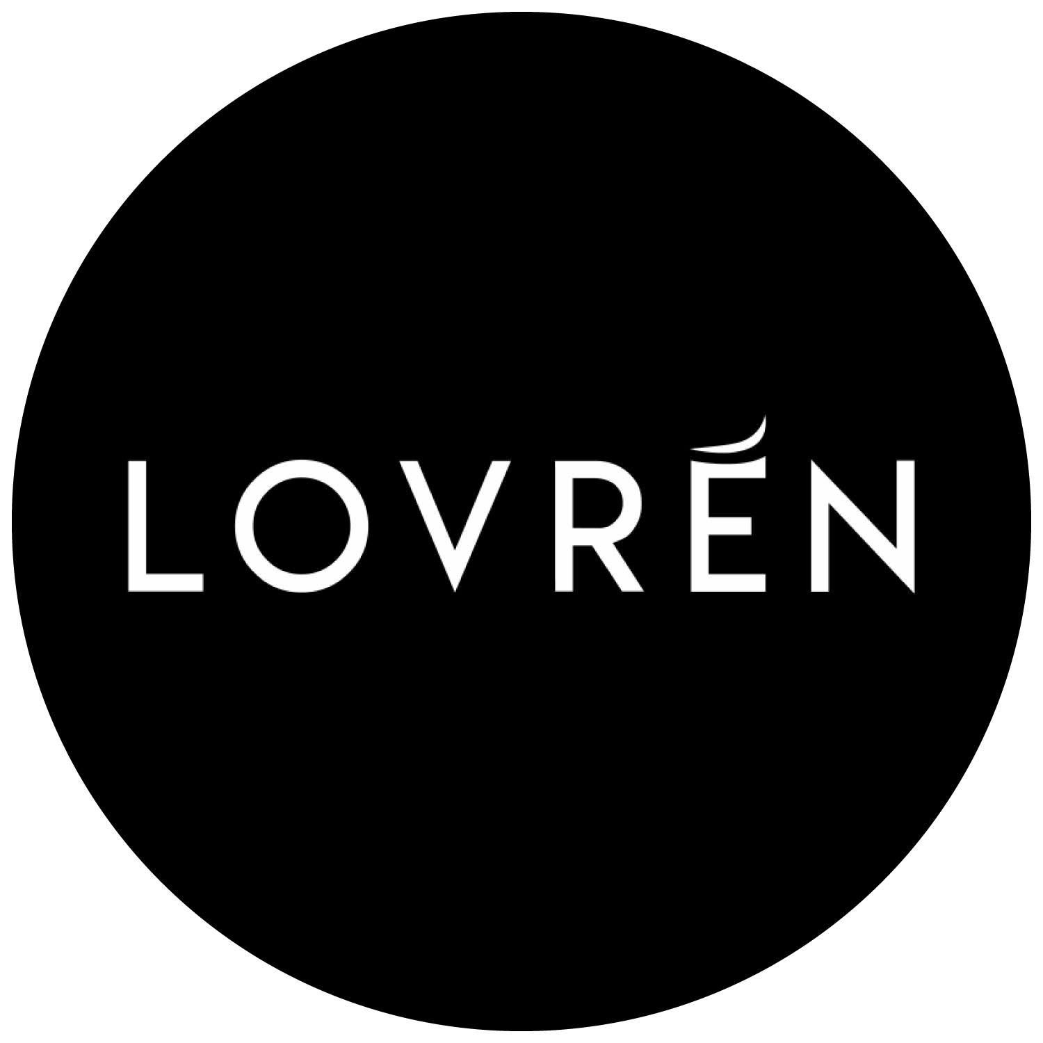 Logo circolare nero con la scritta “LOVRÉN” in testo bianco