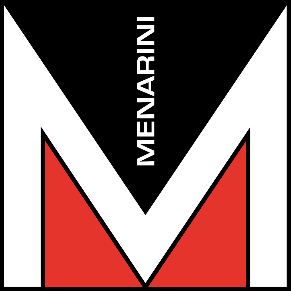 Logo stilizzato nero, bianco e rosso con una grande “M” e la scritta verticale “MENARINI”