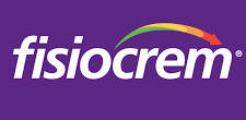 Logo di Fisiocrem in testo bianco corsivo su sfondo viola.