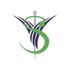 Logo astratto verde a forma di S intrecciata con foglie blu e una figura verticale grigia su sfondo bianco.