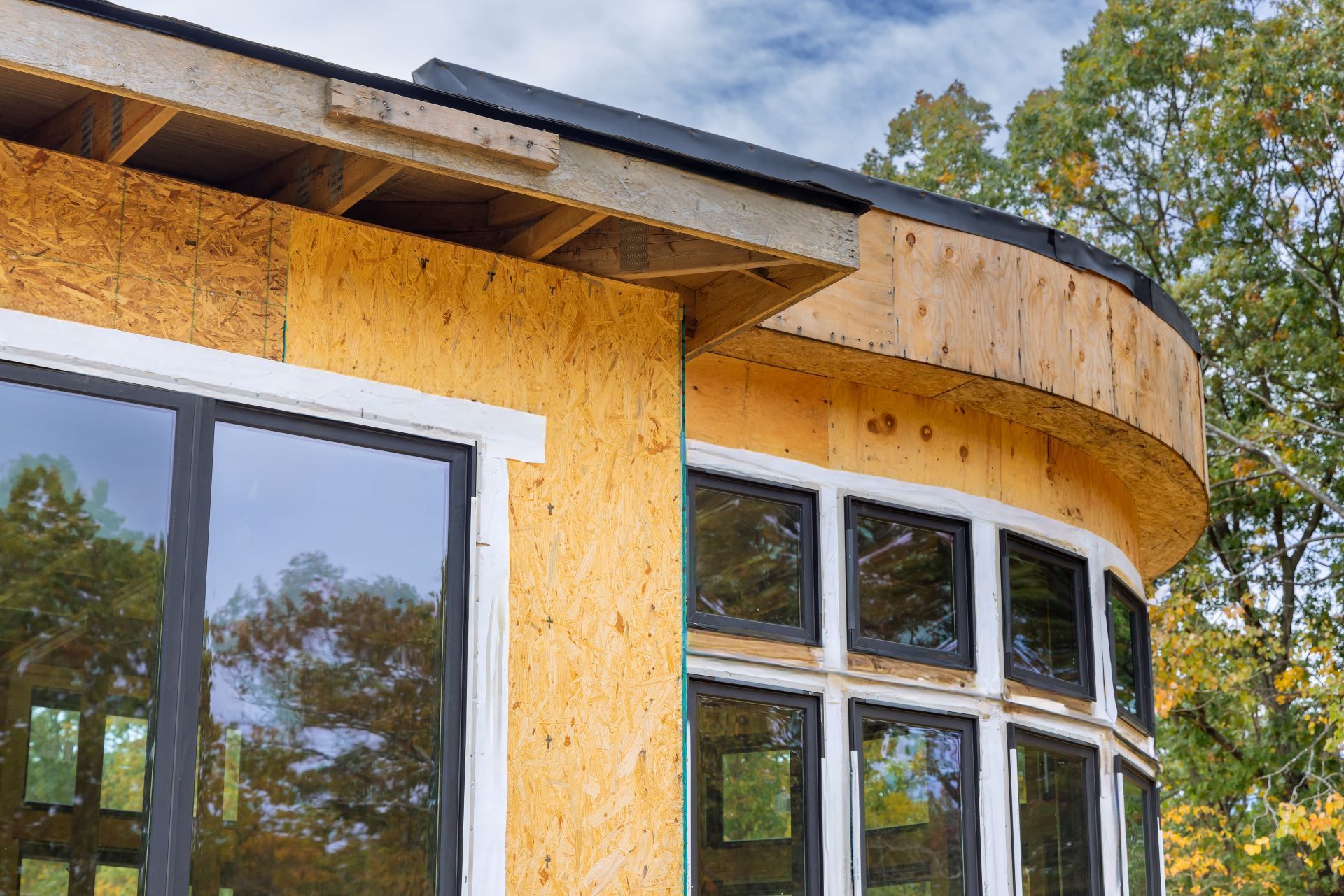 Curved modern house exterior with wood siding and large windows under a dark roof