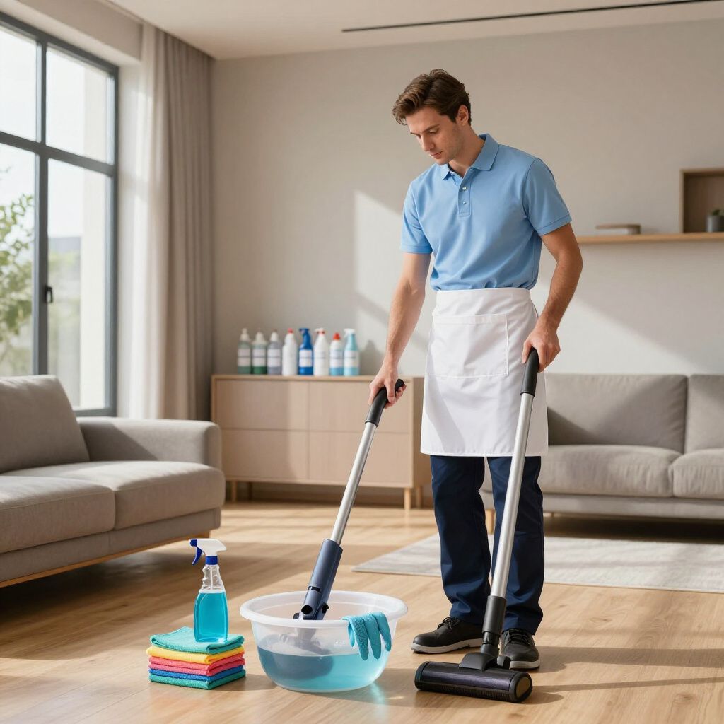 Man mopping a living room floor. He wears an apron. Cleaning supplies are nearby.