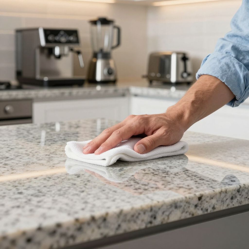 Person wiping a granite countertop in a kitchen with a white cloth.