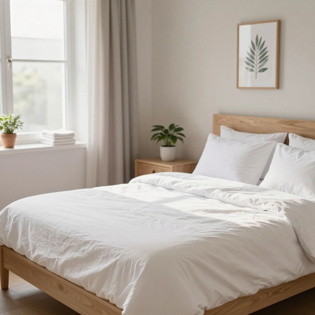 Bedroom with wooden bed frame, white bedding, window with curtains, and artwork.