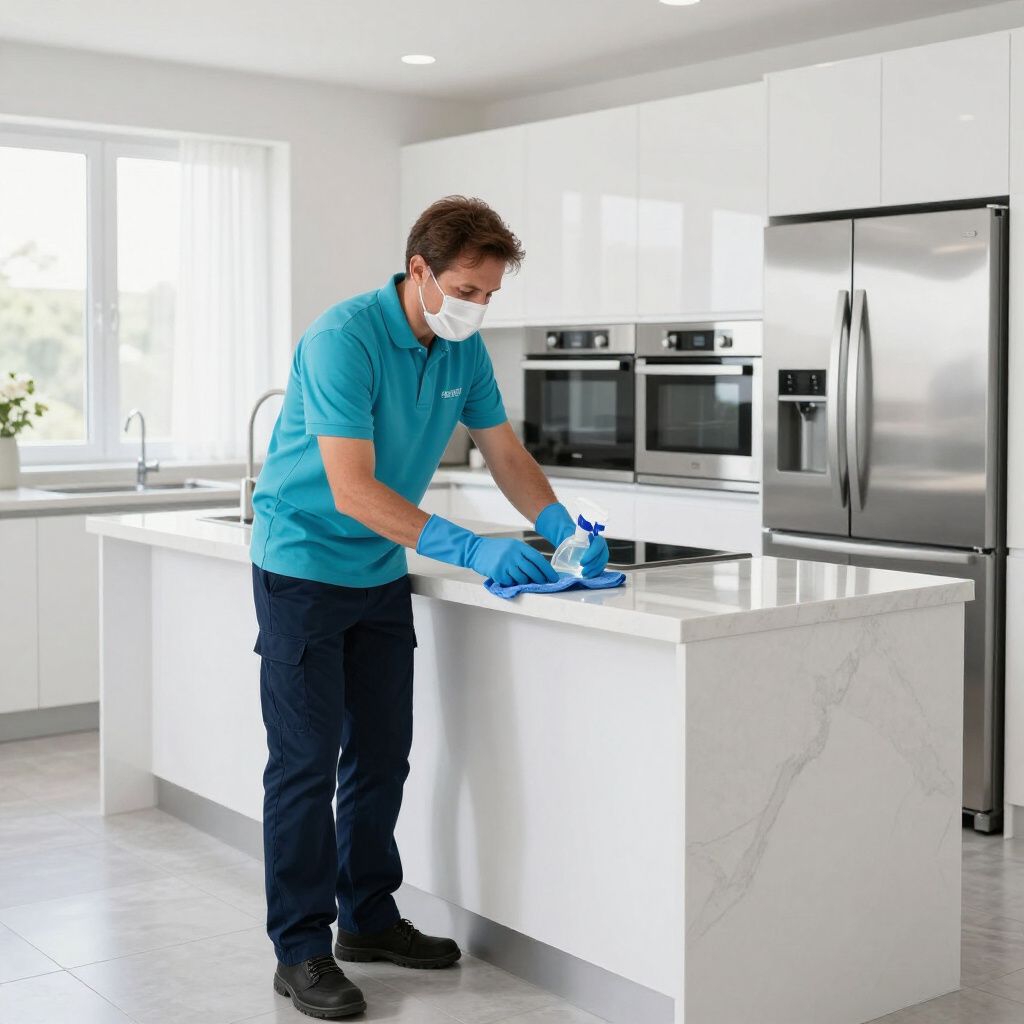 Man cleaning a kitchen countertop with spray and cloth. He wears a mask, gloves and a blue uniform.