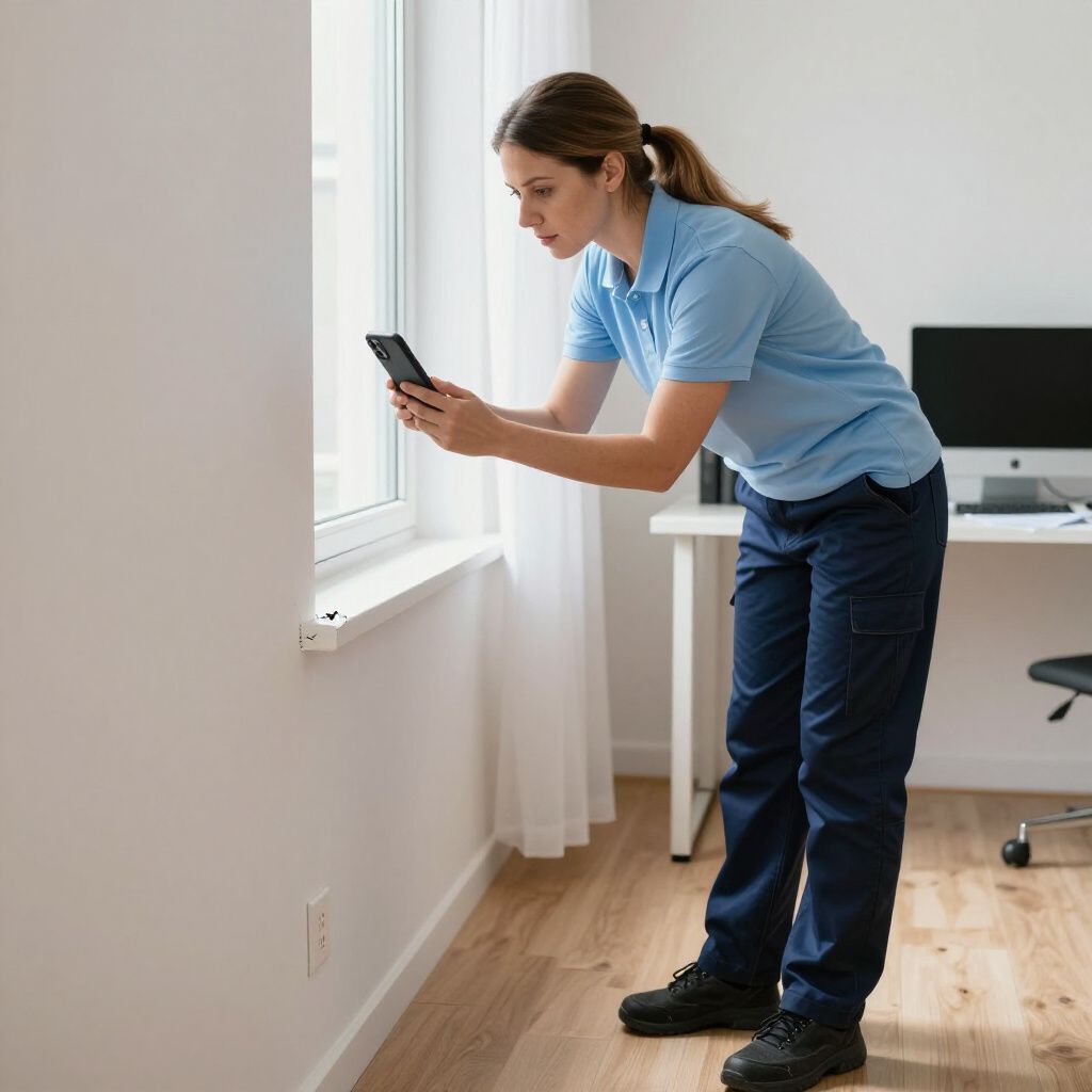 Woman in blue shirt and pants taking a photo with her phone at a window.