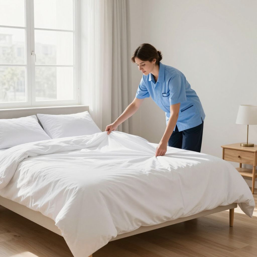 Person in blue uniform making a bed with white bedding in a bright room.