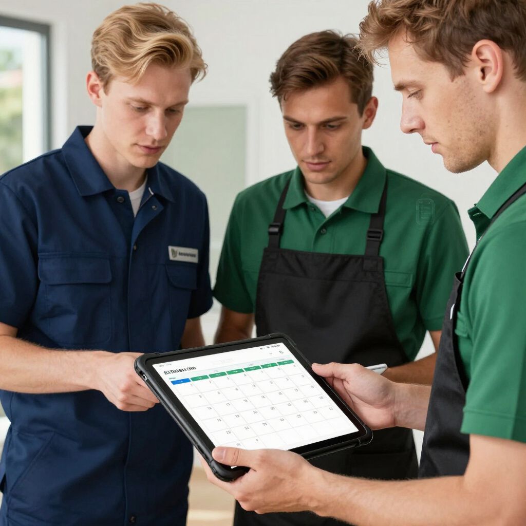Three men looking at a tablet with a calendar; one in blue, two in green with aprons.