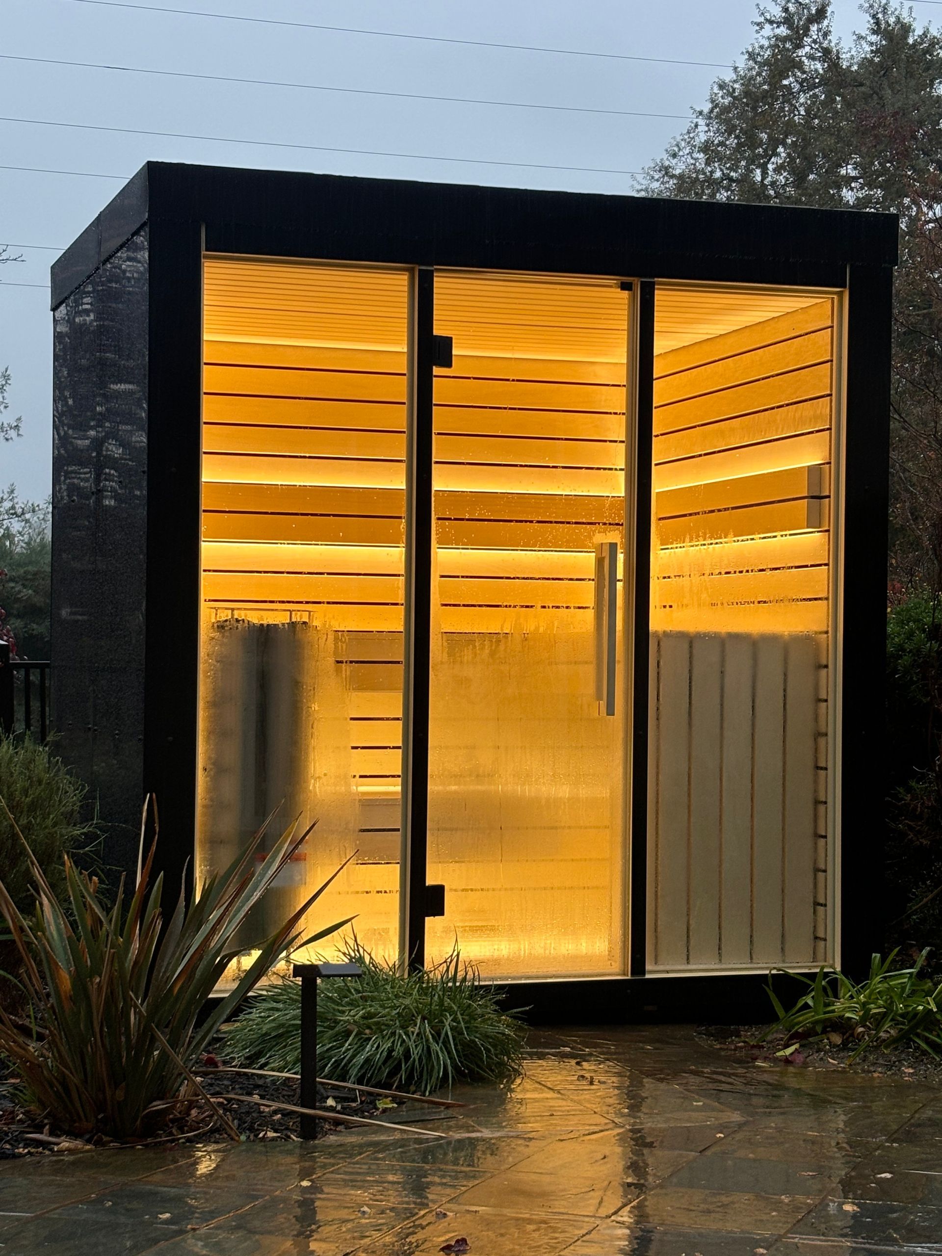 Outdoor sauna with glass door and warm interior light. Black exterior, greenery in the foreground.
