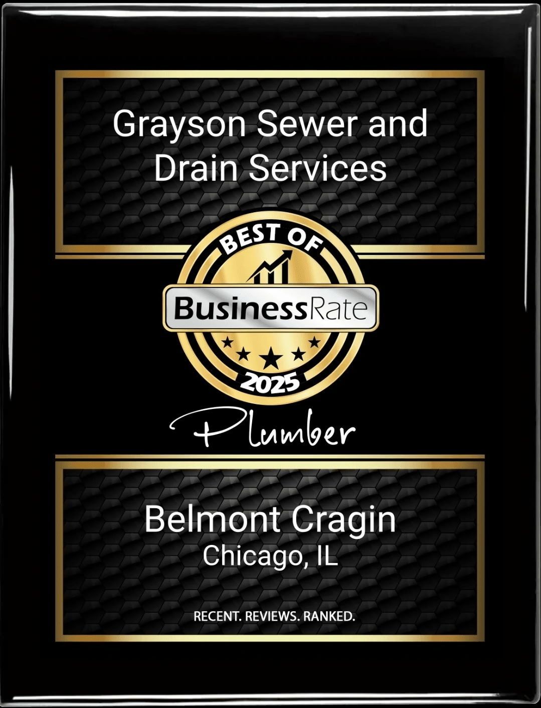 BusinessRate 2025 Best of winner plaque for Grayson Sewer and Drain Services, Belmont Cragin, Chicago, IL