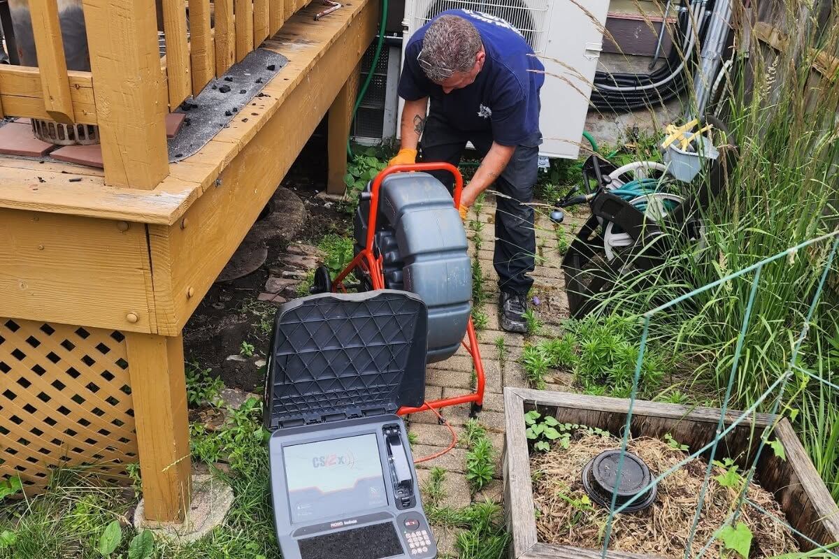 A technician uses a manifold gauge set to check refrigerant levels on an outdoor air conditioning unit.