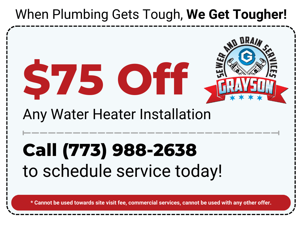 $75 off any water heater installation with call to schedule service from Grayson Plumbing and Drain Cleaning.