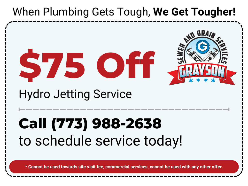 $75 off hydro jetting service coupon for Grayson Plumbing, with phone number and logo