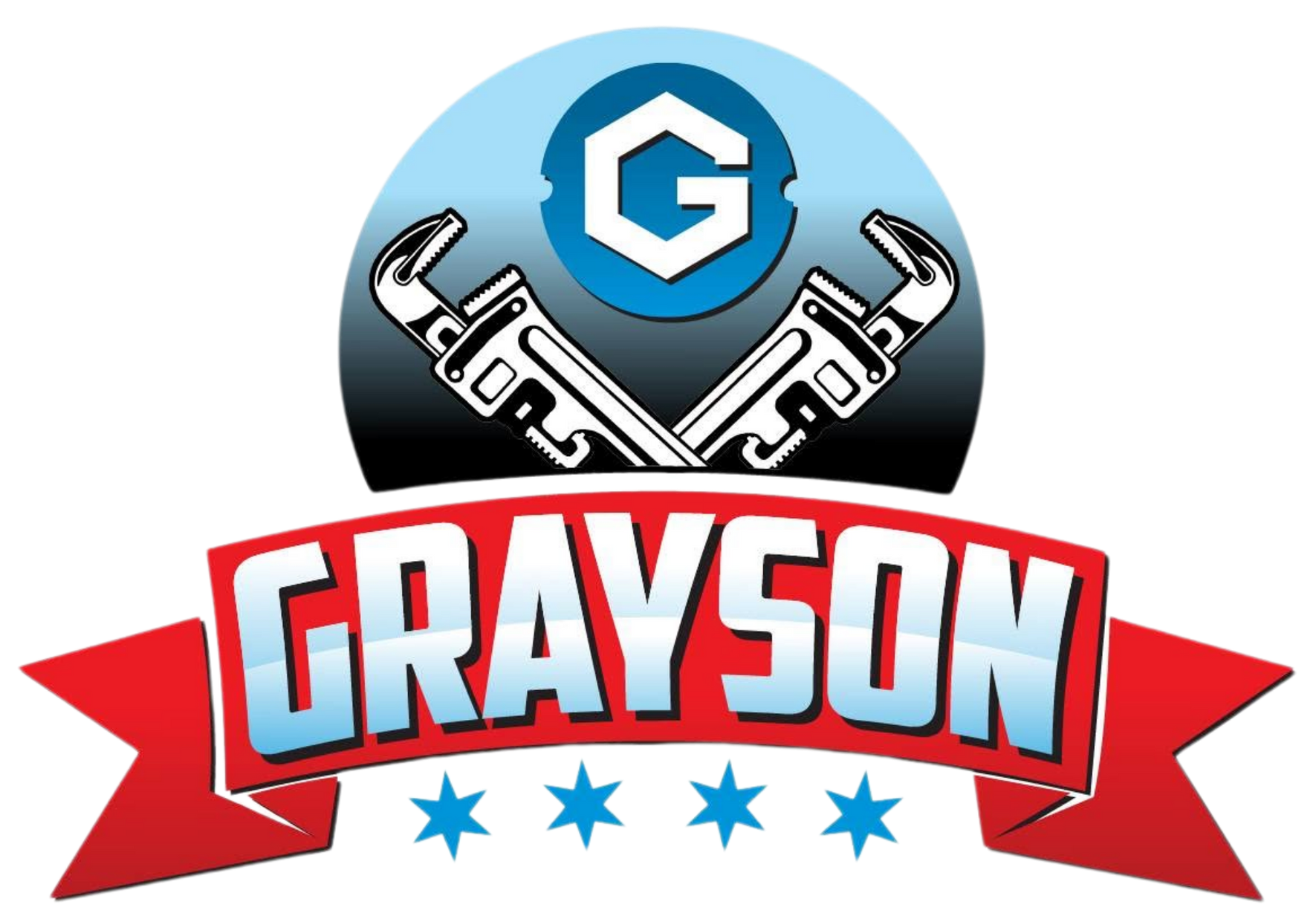 Grayson logo with a blue shield, crossed hammers, and red banner with stars