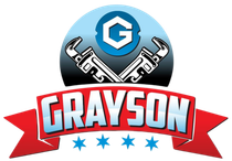 Grayson logo with a blue shield, crossed hammers, and red banner with stars