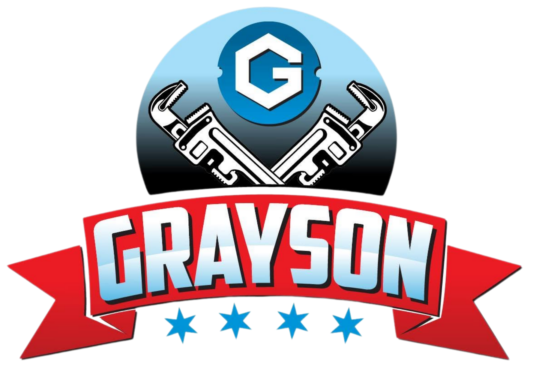 Grayson logo with blue shield emblem, crossed wrenches, and red banner with stars