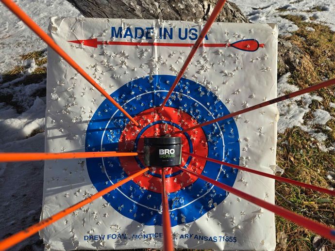 Target with arrows in the center, orange strings, and a black box labeled 