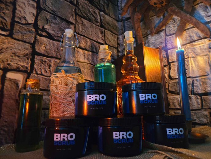 Six black jars of 