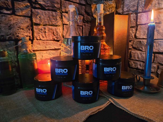 Six black jars of 