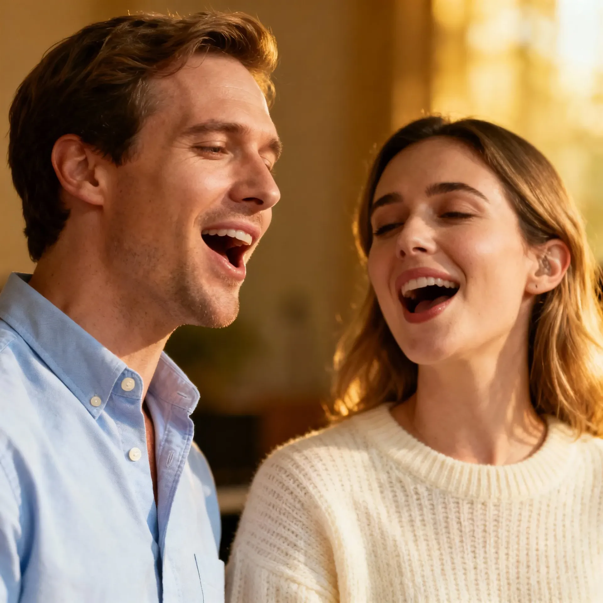 A man and a woman are singing happily in natural light.