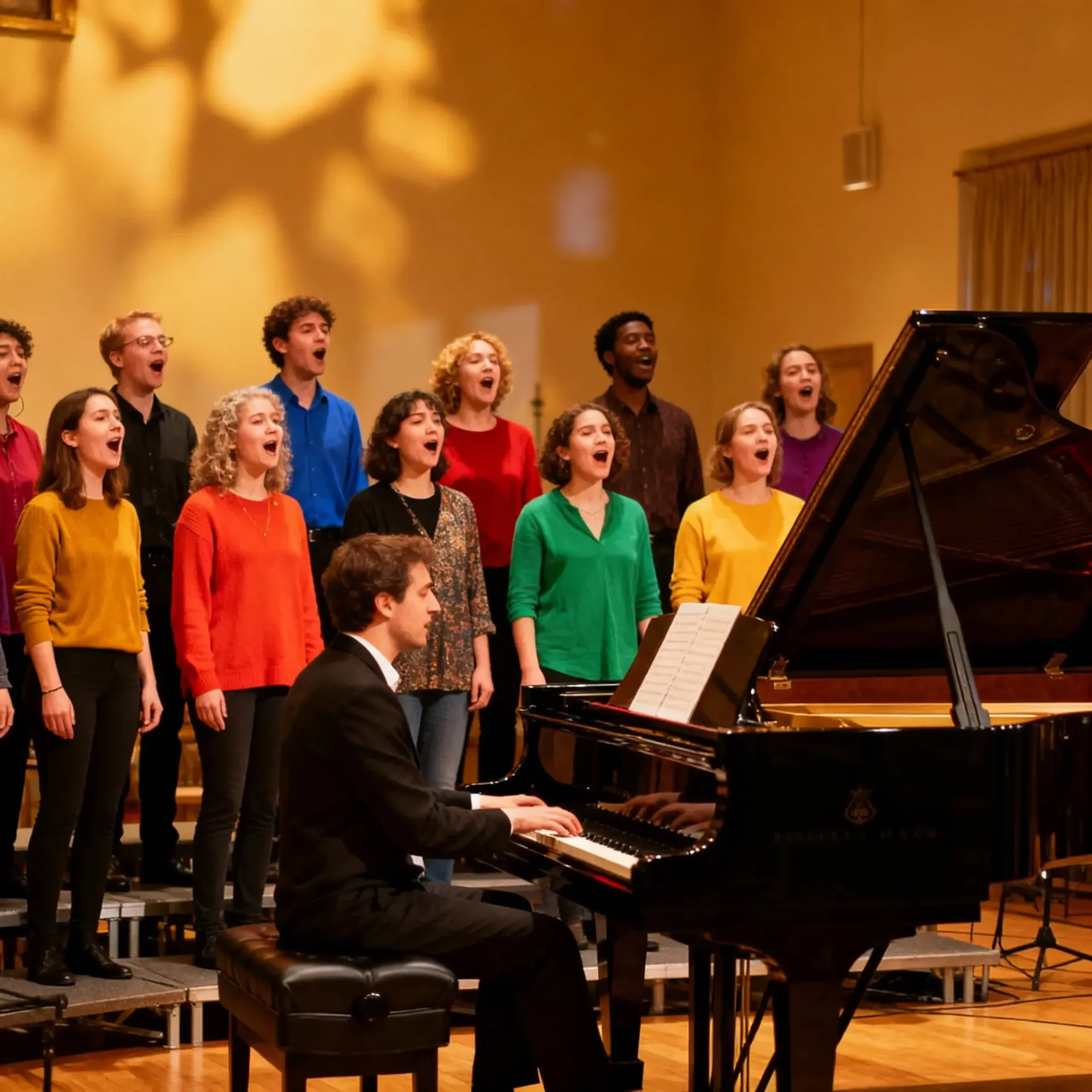 A choir singing with a pianist at a grand piano in a concert hall.