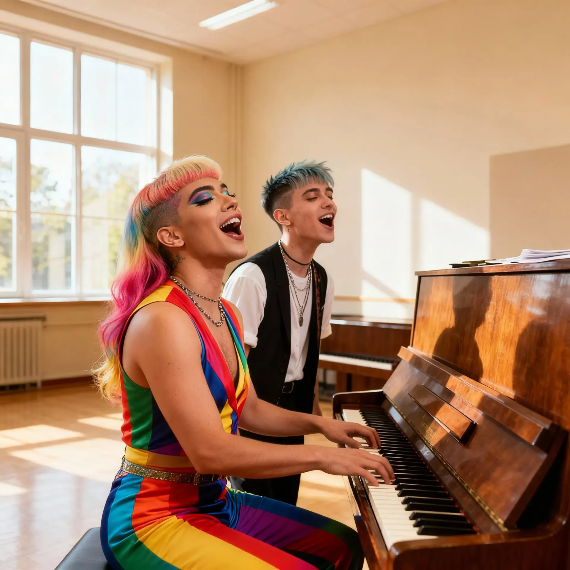 Two people are singing and playing the piano. One has colorful hair and the other has blue hair, in a sunlit music room.