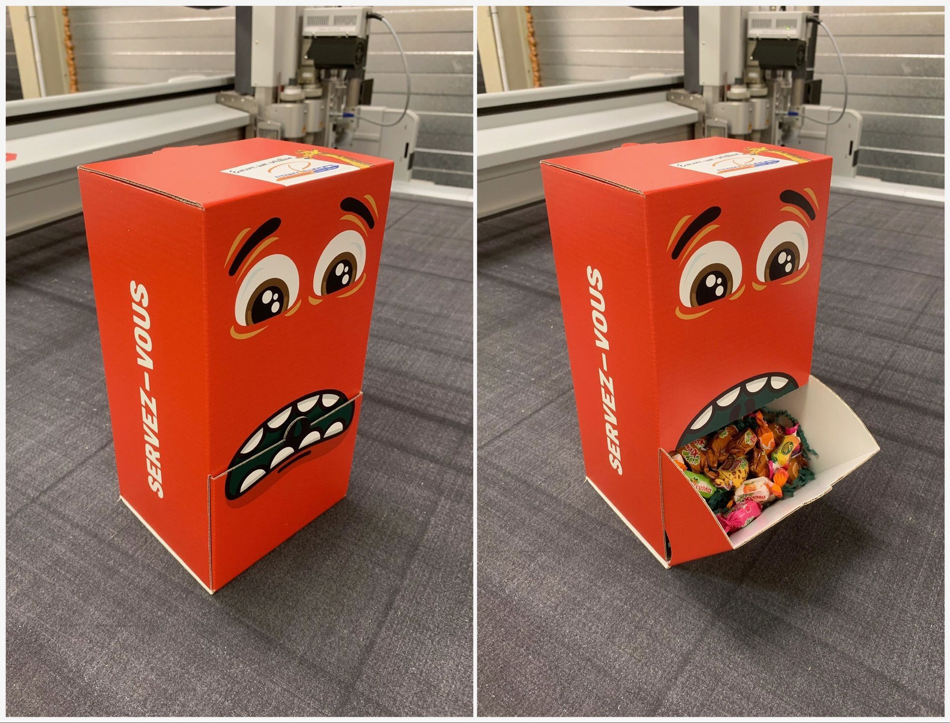 Une boîte en carton avec un visage dessus sur lequel est écrit « snm - vous »