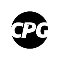 Un logo noir et blanc pour cpg dans un cercle sur fond blanc.
