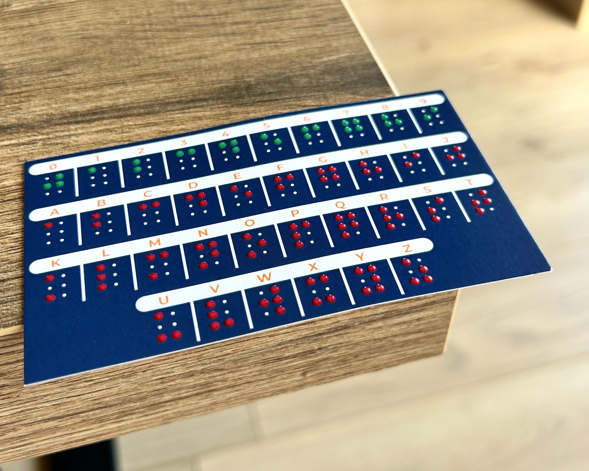 Une carte bleue avec des lettres et des chiffres en braille dessus