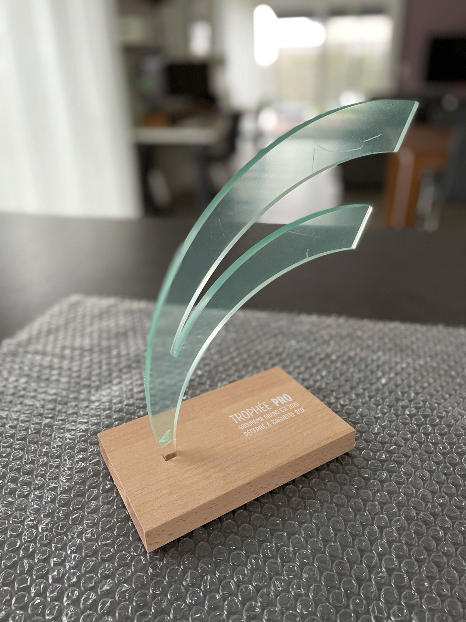 Une petite sculpture en verre est posée sur une base en bois sur une table.