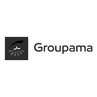 Le logo groupama est noir et blanc et comporte un avion dessus.
