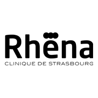 Le logo de la clinique rhena de strasbourg est en noir et blanc.