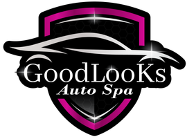 GoodLooks Auto Spa logo with black, white, and pink shield design