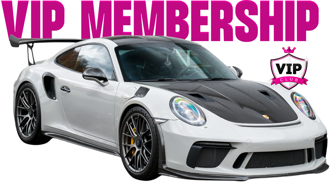 Silver sports car with pink “VIP MEMBERSHIP” text and VIP badge graphic