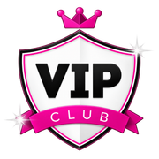 VIP club shield logo with pink crown and ribbon, white sparkles and bold white lettering